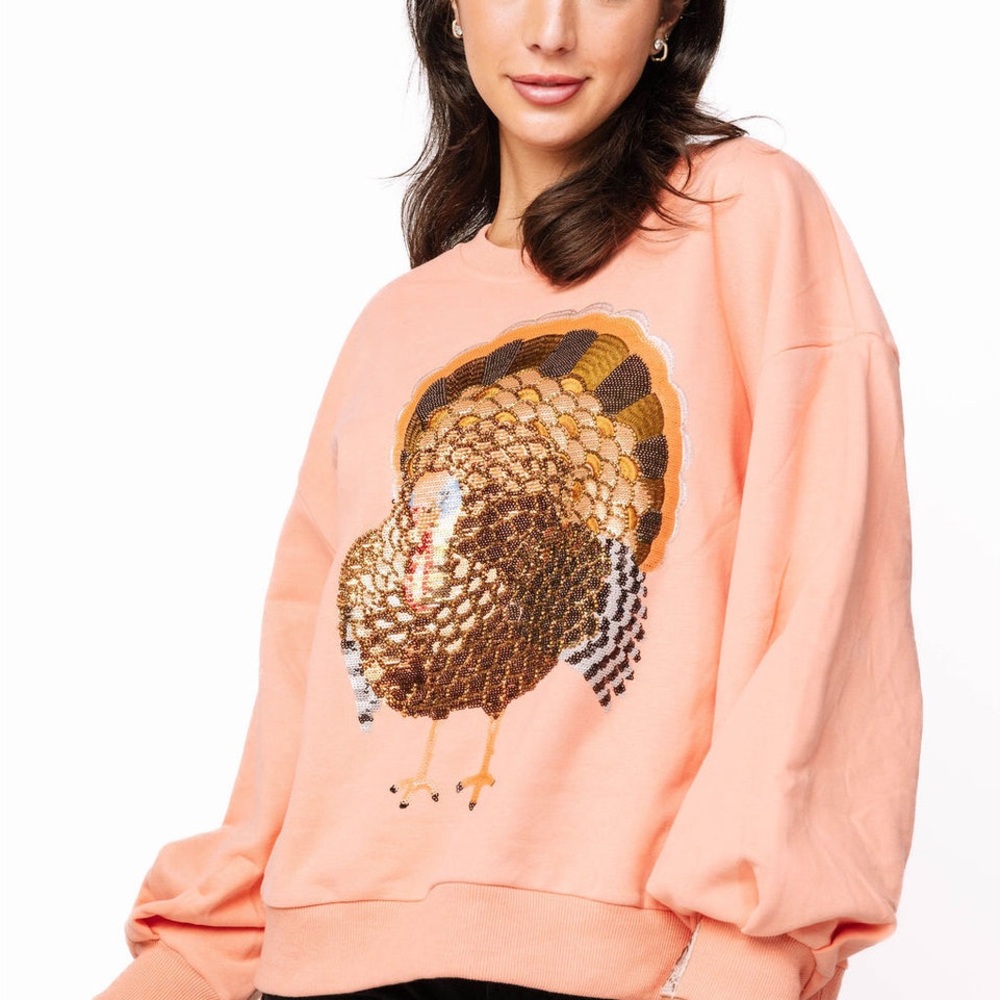 Queen of Sparkles Peach Sweatshirt with Sequin Turkey Design